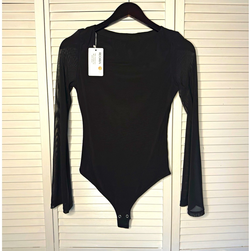 REORIA Black Sheer Mesh Bell Sleeve Bodysuit Women’s Small NWT Boat Neck Casual